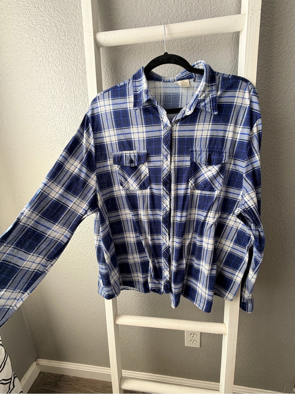 Blue Plaid Button-Down Shirt with Chest Pockets